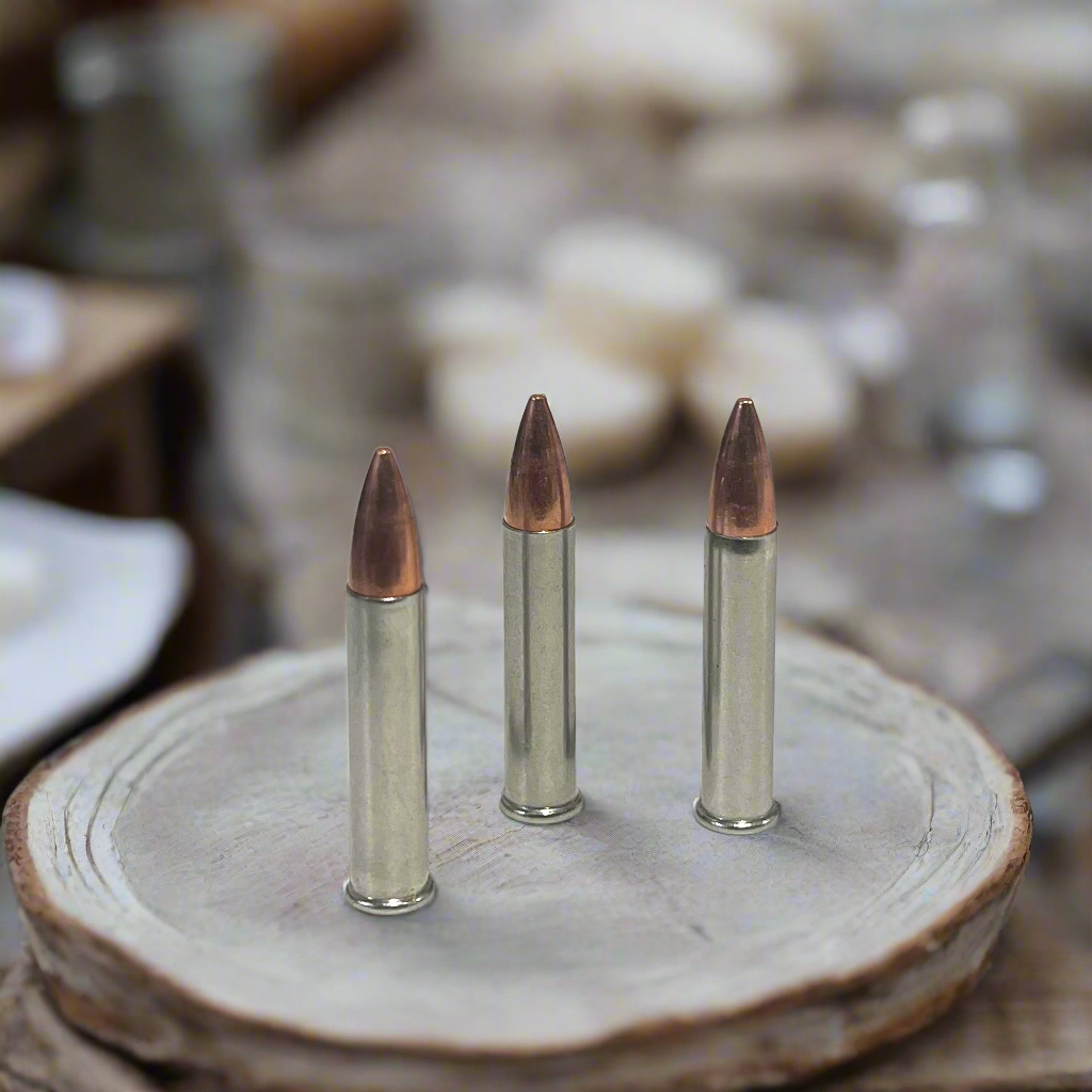 3 .22 Magnum nickel dummy rounds with copper bullets on white background, blurred rustic setting