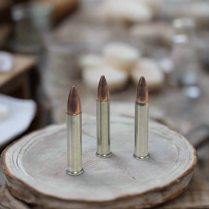 3 .22 Magnum nickel dummy rounds with copper bullets on white background, blurred rustic setting