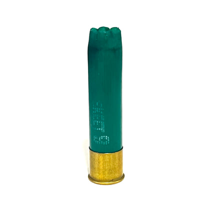 A single green empty 28 gauge shotgun hull standing upright on a white background.