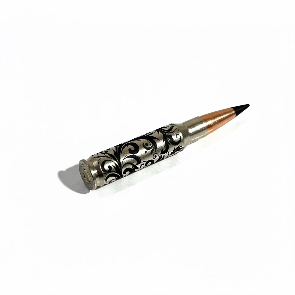 Elegant Baroque Scroll Engraved Bullet Casing With Black Tip 5 Pcs
