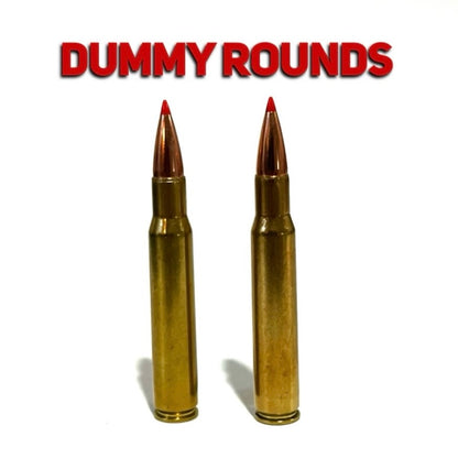 Two brass 30-06 dummy rounds with red tip bullets under a bold Dummy Rounds text banner.