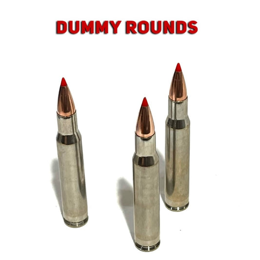 3 nickel 30-06 dummy rifle rounds with red-tipped bullets, standing upright under a Dummy Rounds text banner