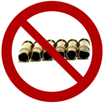 Six polished 30-30 brass casings with crushed mouths behind a red prohibition sign, emphasizing quality control.
