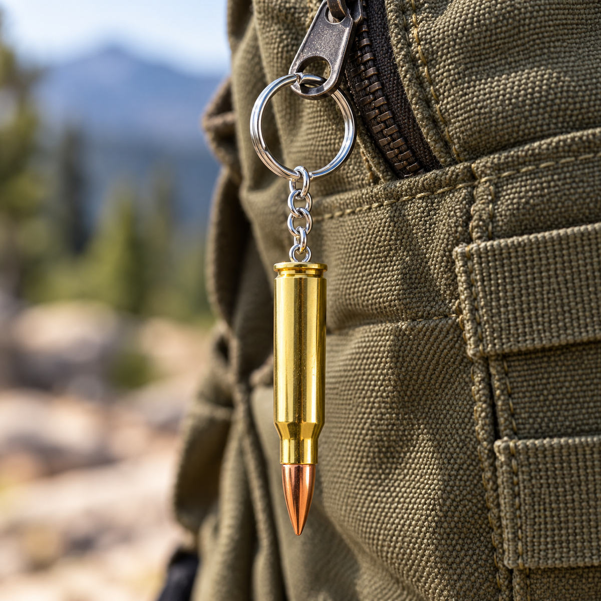 Craft idea: brass .308 dummy round turned into a keychain, clipped to an olive green backpack zipper outdoors