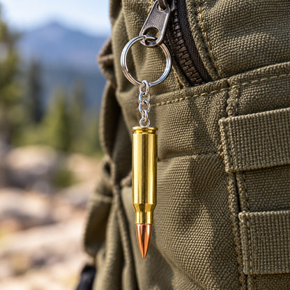 Craft idea: brass .308 dummy round turned into a keychain, clipped to an olive green backpack zipper outdoors