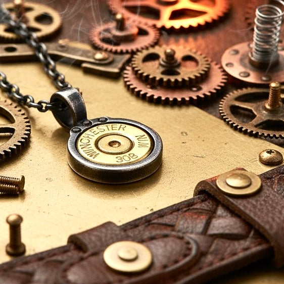 308 Brass slice pendant stamped Winchester 308, silver bezel, chain, on a steampunk gear-and-leather backdrop