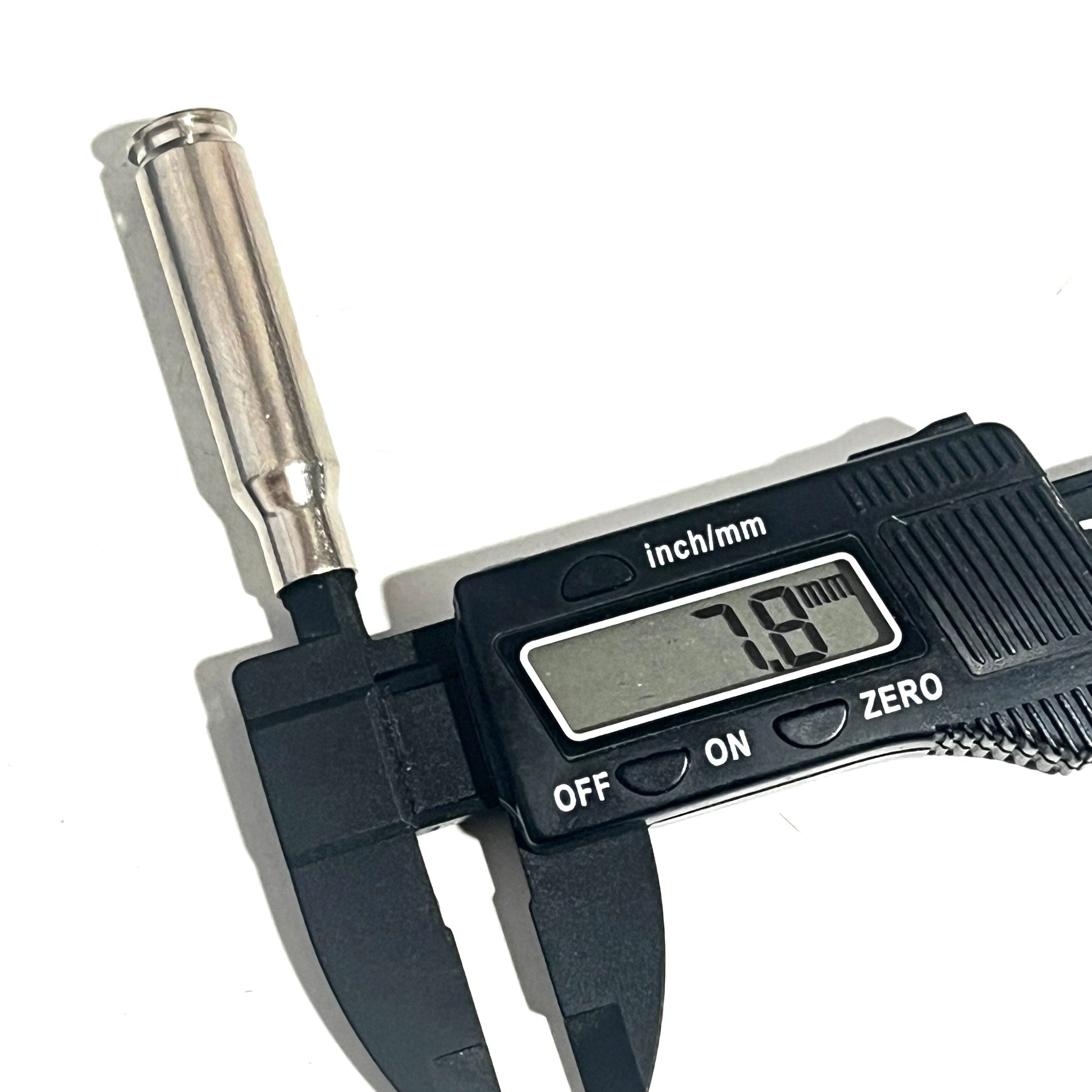 Black caliper measuring the neck opening of a single real silver .308 WIN casing, displaying 7.8 mm on a white background.