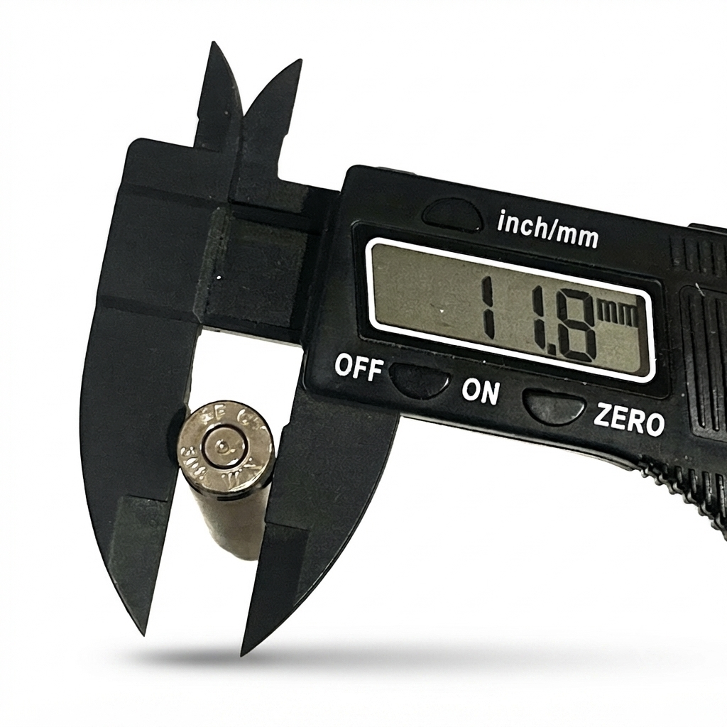 Black digital caliper measuring the base of a single real .308 WIN nickel shell, displaying 11.8 mm on a white background.