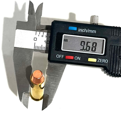 Digital caliper measuring a 357 Magnum flat-nose bullet diameter at 9.68 mm