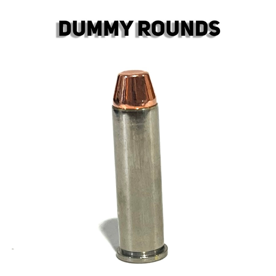 Single 357 Magnum nickel dummy round standing upright with a copper flat nose bullet under text saying dummy rounds.