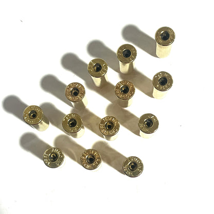 14 brass 38 Special deprimed cases with empty primer pockets, standing upright viewed from the base