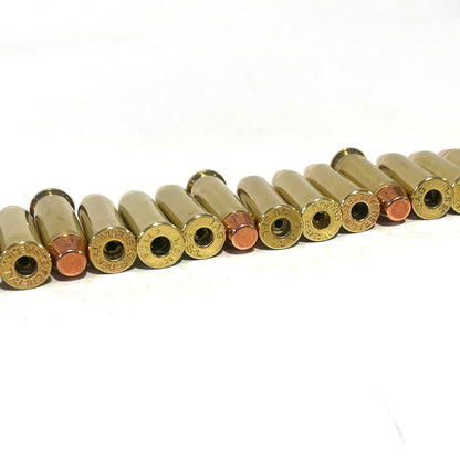 12 brass 38 Special deprimed cases with empty primer pockets, lying in a row viewed from the base
