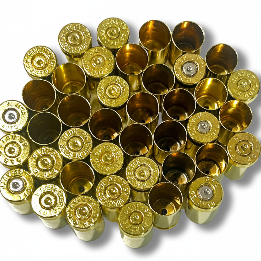 Dozens of gold 45 ACP brass casings in a tight cluster from above, mixed headstamps visible around the edges.
