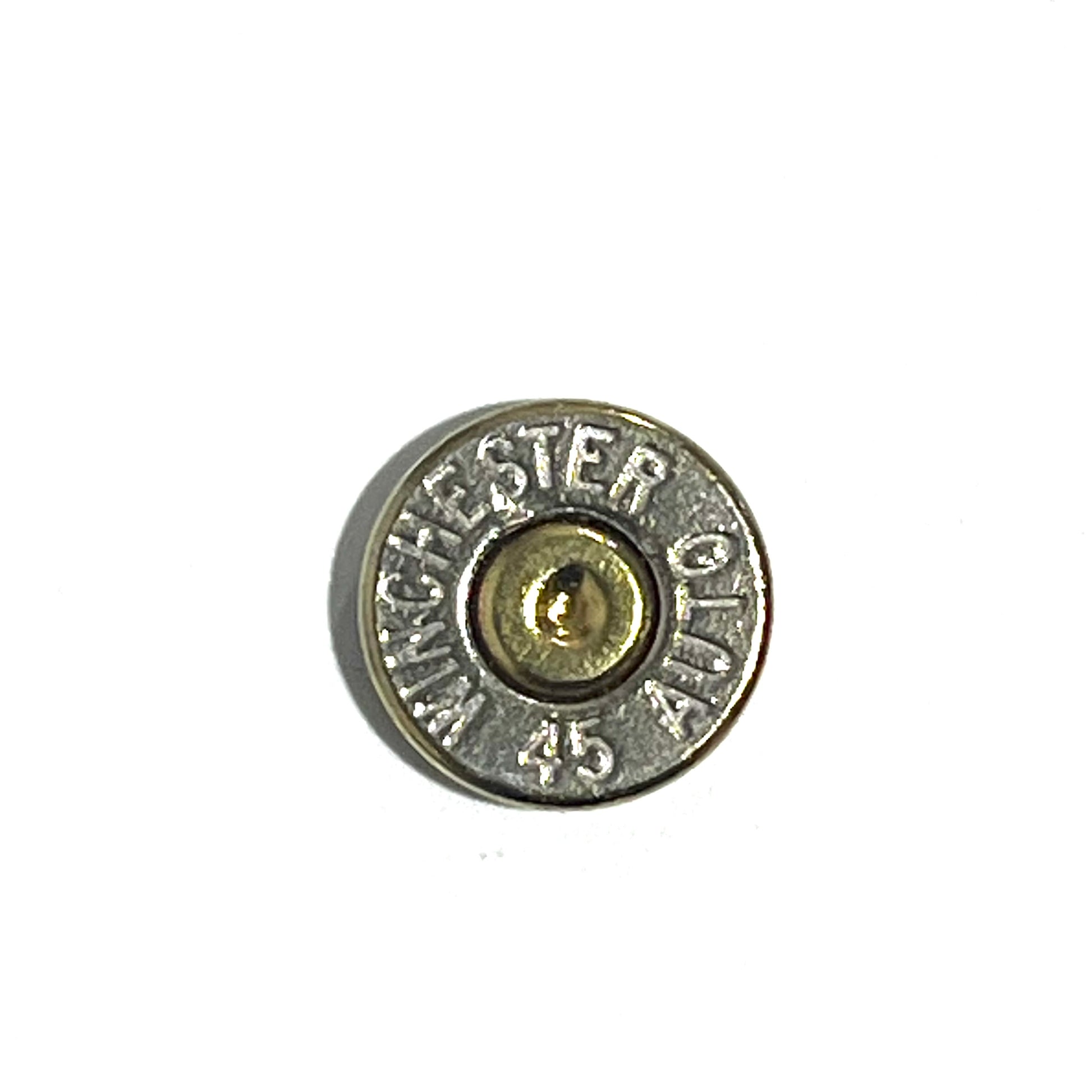 Close-up of a single nickel 45 ACP bullet slice with a gold primer, engraved Winchester 45 Auto headstamp