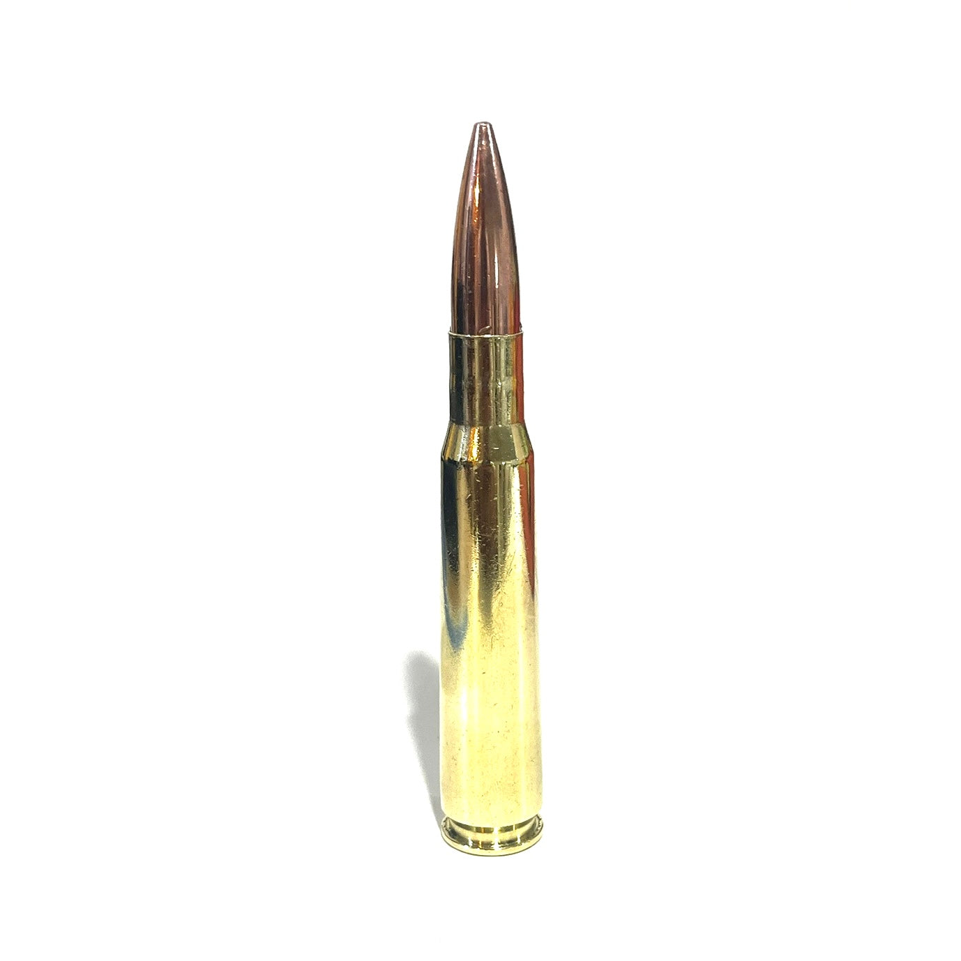 50 cal standing upright polished brass case bullet on white background