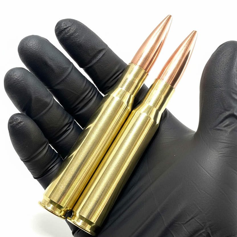 Two brass 50 cal dummy weighted rounds with copper bullets held in a hand wearing a black glove against a white background.
