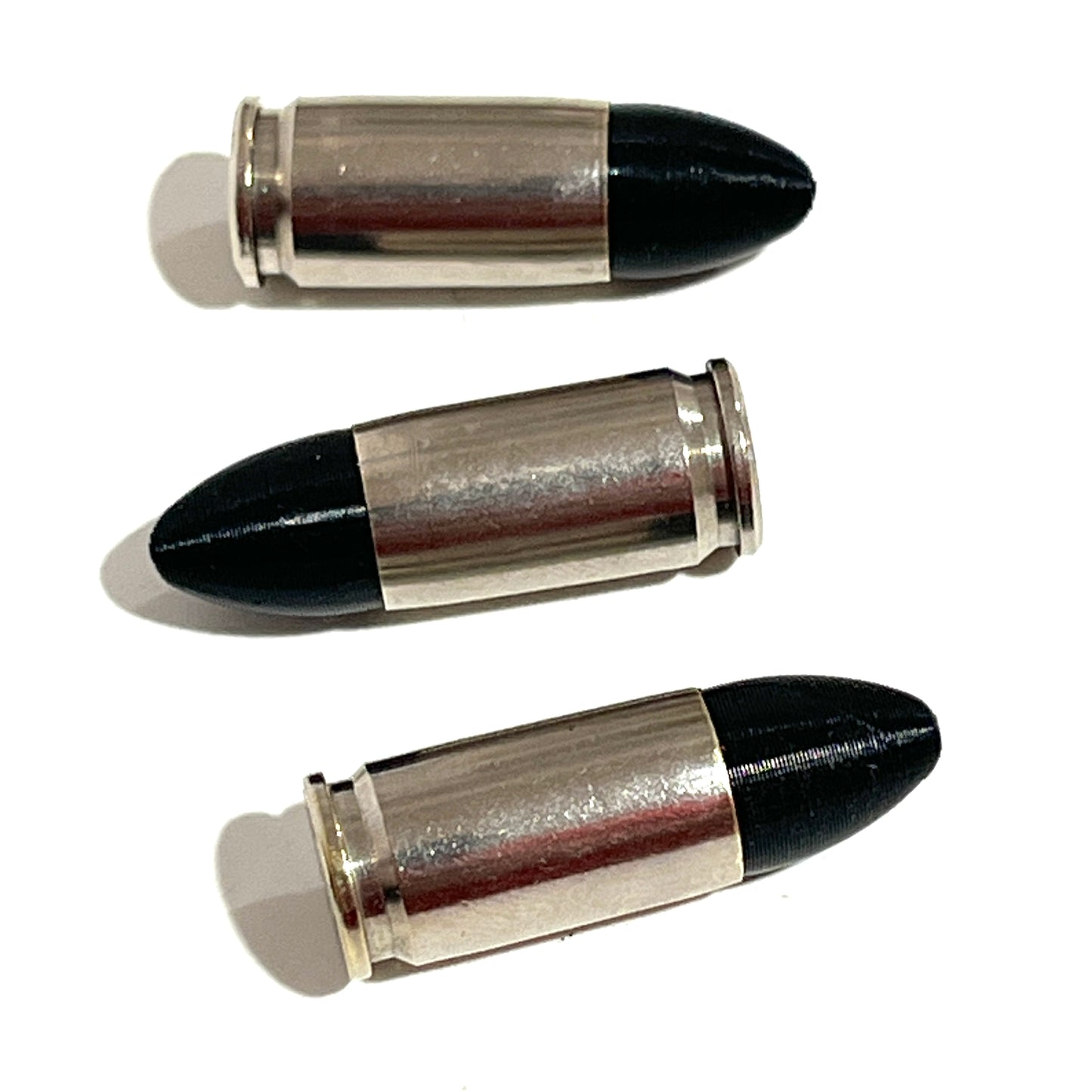 Fake Nickel 9MM Luger Real Once Fired Brass Casings With New Black Bullet