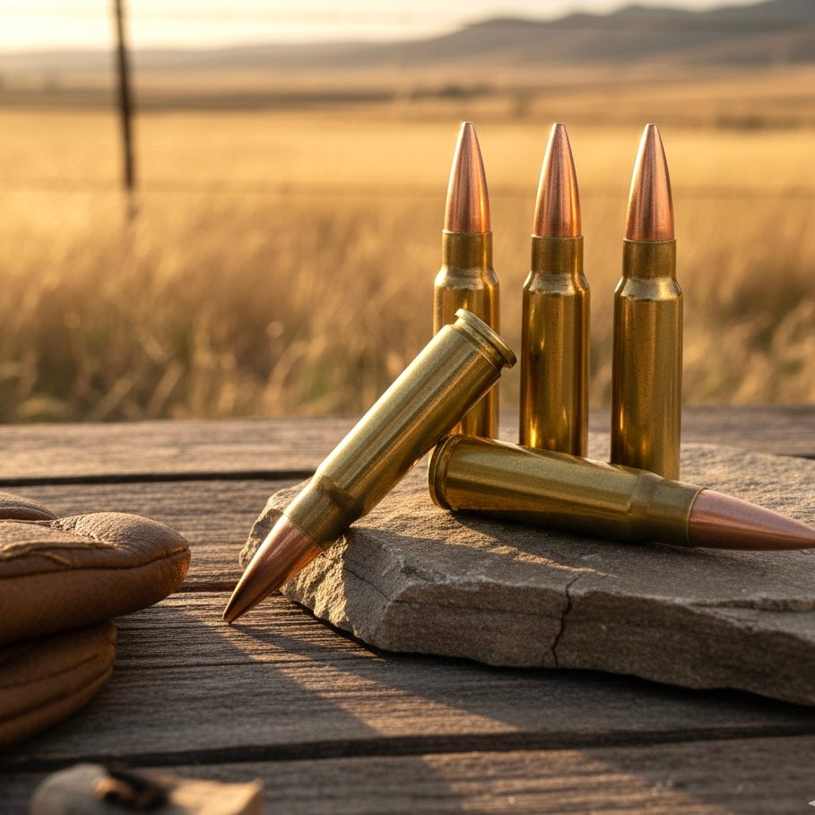 Three standing and two laying 7.62x39 dummy rounds on a rock and wood surface with a sunset landscape background.
