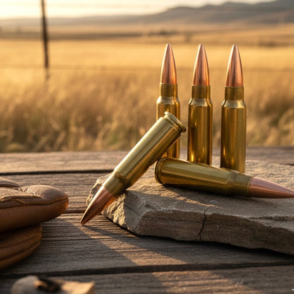 Three standing and two laying 7.62x39 dummy rounds on a rock and wood surface with a sunset landscape background.
