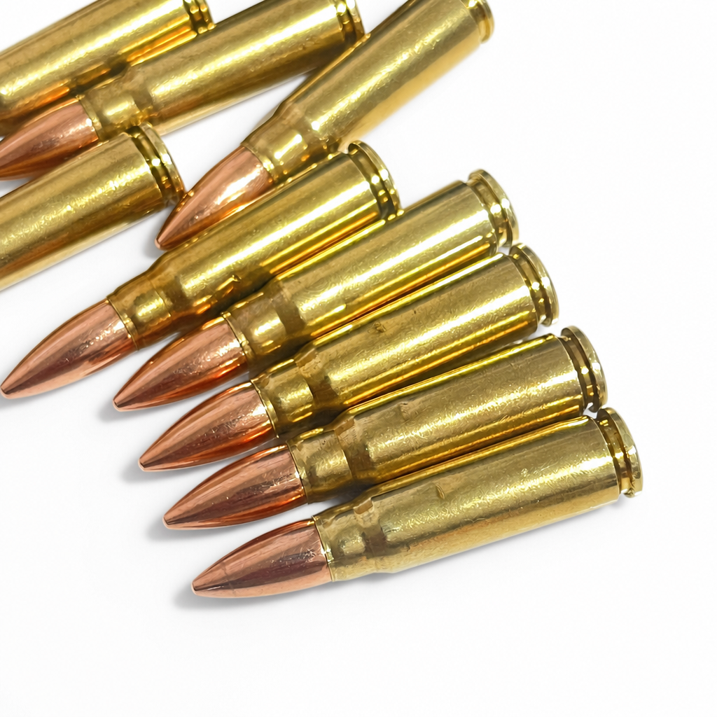 Staggered 7.62x39 dummy rounds by Empty Shotgun Shells showing authentic brass wear and copper bullet profile.
