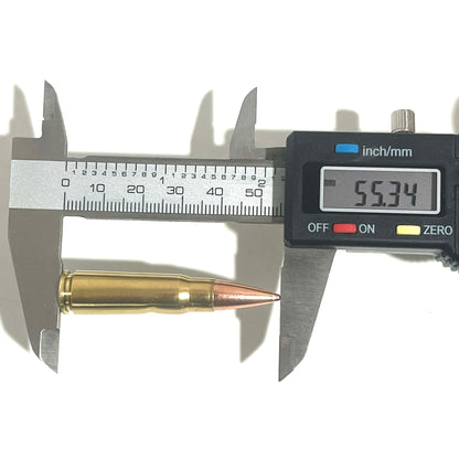 Measuring the length of a 7.62x39 replica display bullet with digital calipers for cosplay ammo craft precision.
