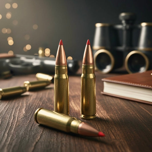 3 brass 7.62x39 dummy rounds with red-tipped bullets on a wood table with binoculars and a book in the background