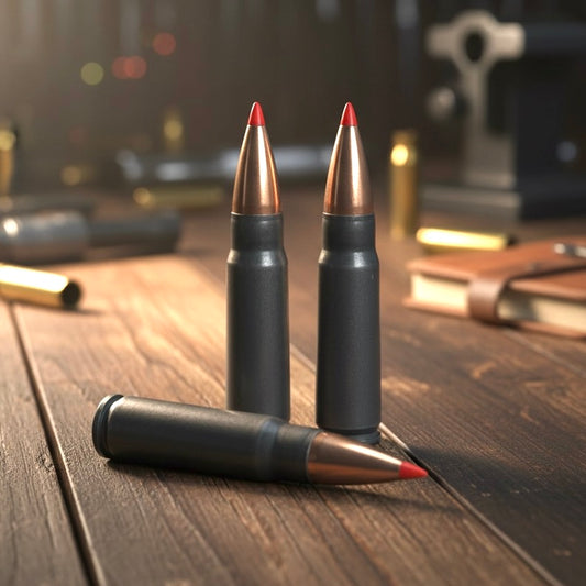 3 steel 7.62x39 dummy rounds with red-tipped bullets on a wood table with brass shells and a book in the background