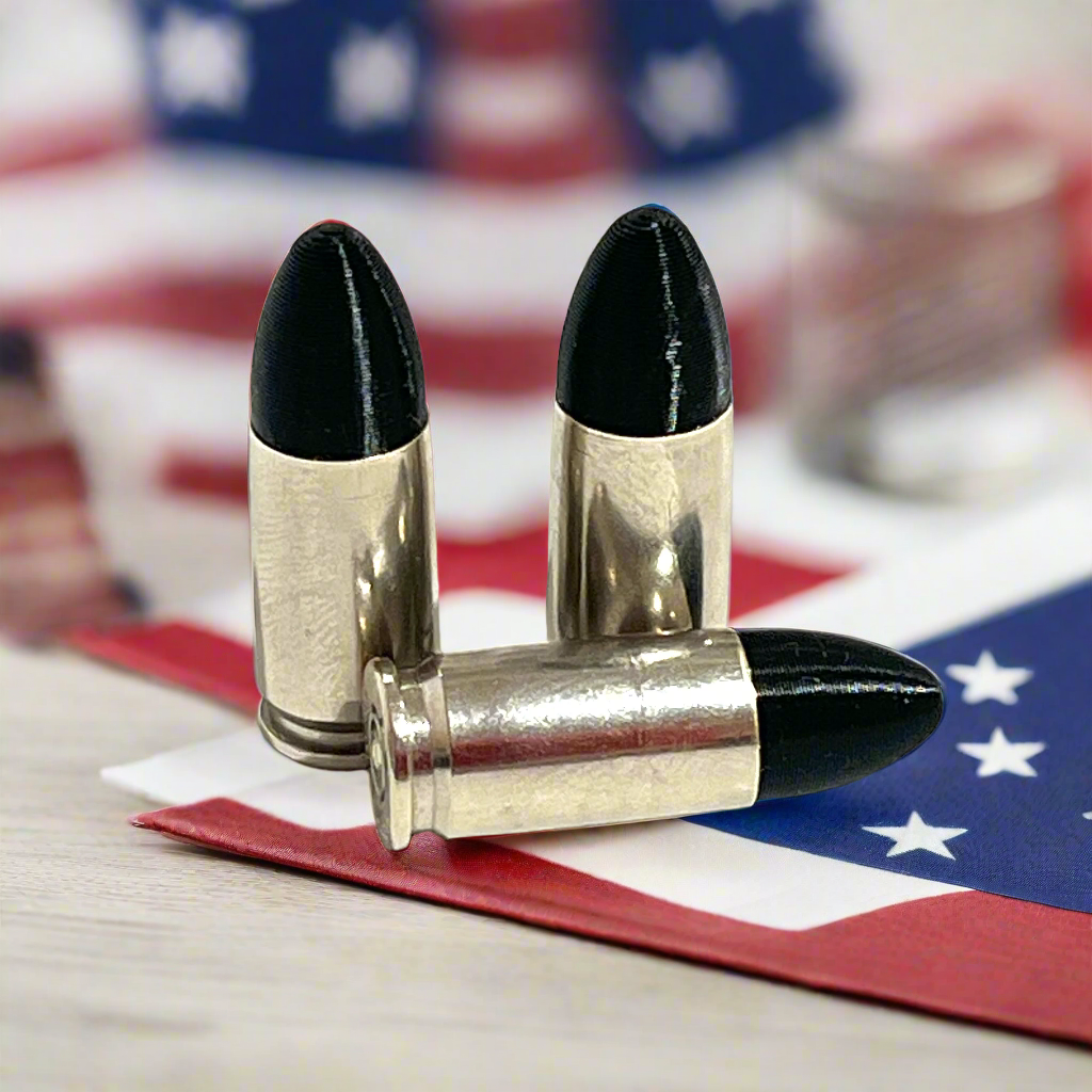 Fake Nickel 9MM Luger Real Once Fired Brass Casings With New Black Bullet
