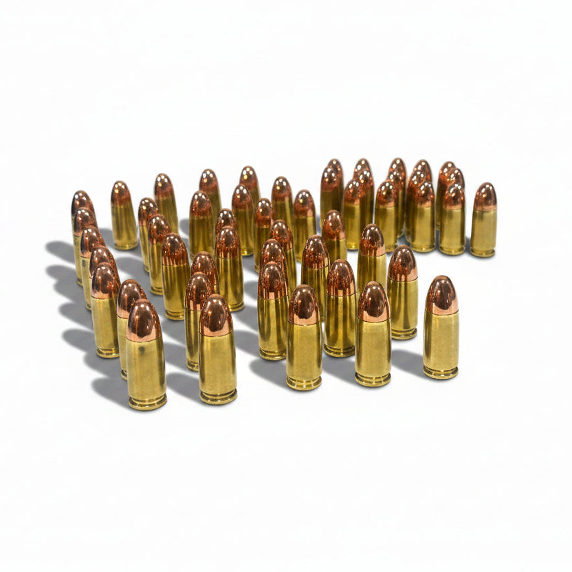 9mm dummy round cartridges, round nose, standing upright on a white background