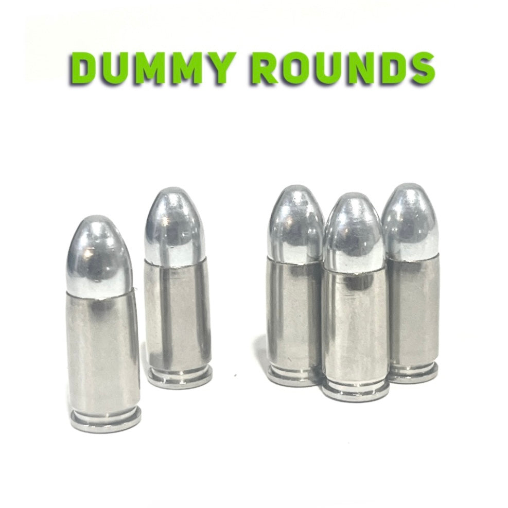 Silver 9mm dummy rounds with a nickel finish, grouped beneath a green Dummy Rounds text banner.