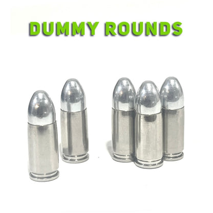 Silver 9mm dummy rounds with a nickel finish, grouped beneath a green Dummy Rounds text banner.