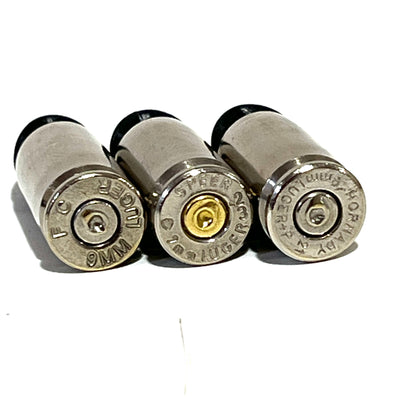 Fake Nickel 9MM Luger Real Once Fired Brass Casings With New Black Bullet