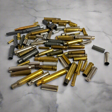 Load image into Gallery viewer, Mixed Spent Bullet Casings DIY Jewelry Steampunk Once Fired .22 9MM 223 AK47 45ACP 38SPL 357 7.62x39 308 30-06 Qty 60 Pcs
