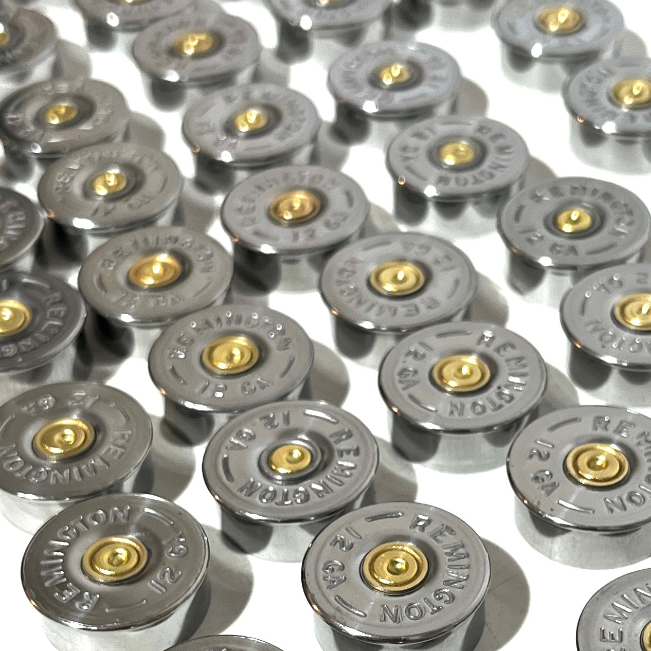 Steel Headstamps 12 Gauge Bottoms Silver Remington Shotgun Shells Headstamps Hand Polished Empty Ammo Spent Cartridge Shotshells DIY Ammo Bullet Jewelry 50 Pcs - FREE SHIPPING