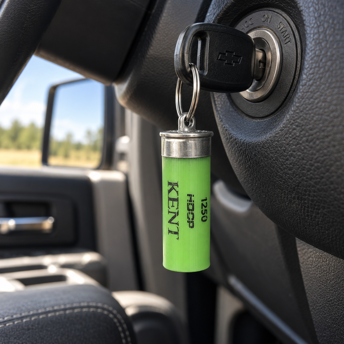 Kent Lime Green 12 Gauge Shotgun Shell Keychain — High-Visibility