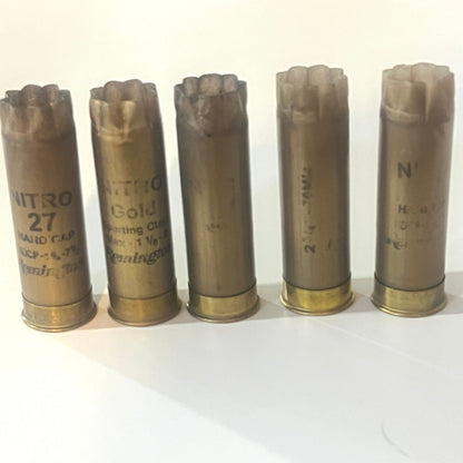 5 pcs gold 12ga Remington once fired hulls white  background.