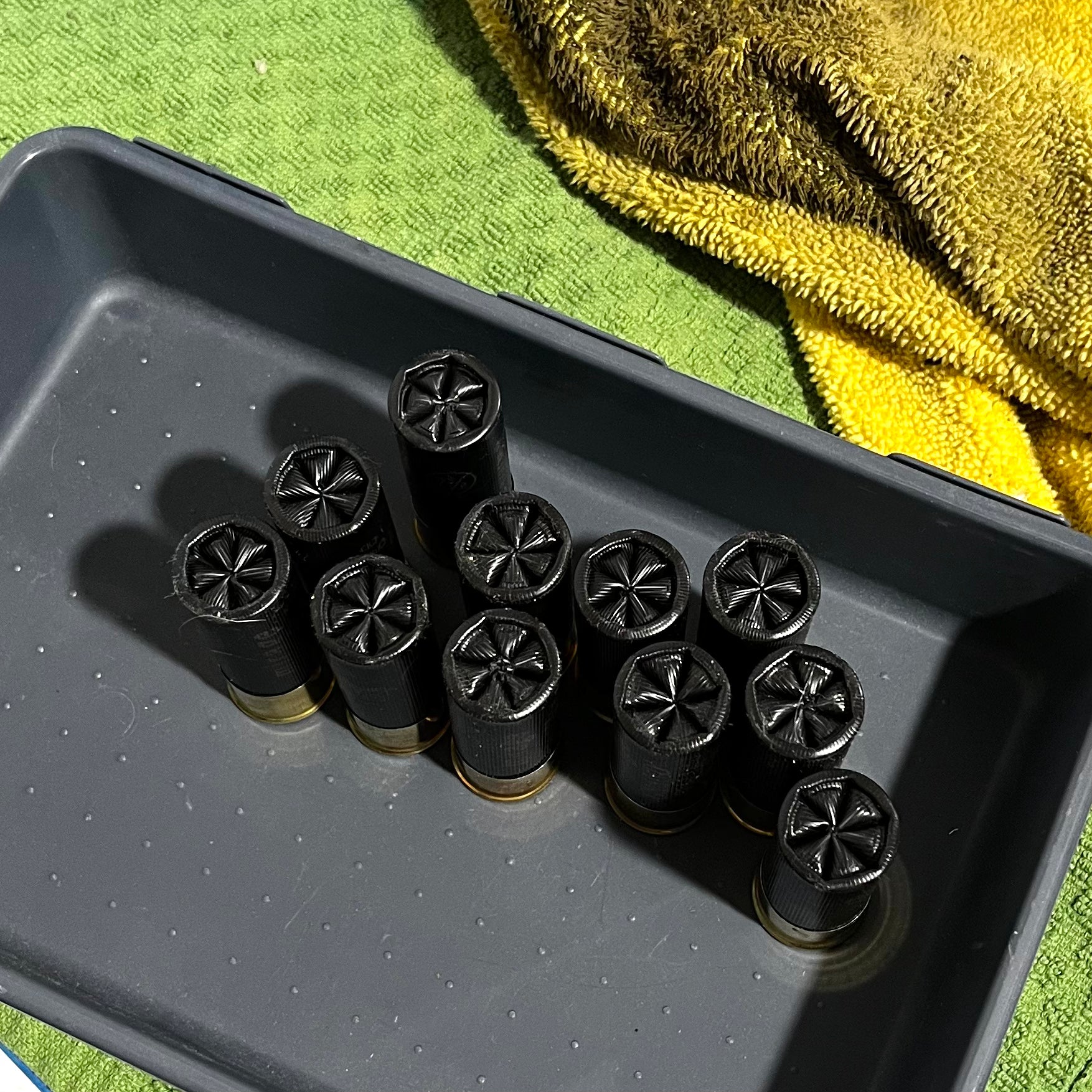 Ten black inert shotgun shells standing upright inside a dark gray plastic organizer bin.