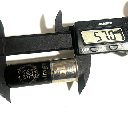 Digital caliper measuring the overall length of a black 12-gauge hull with "mirage" branding, reading 57.0 mm.
