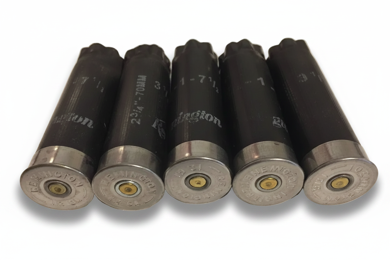 Five black Remington 12 gauge spent casings lined up showing metal headstamps and primer bases.