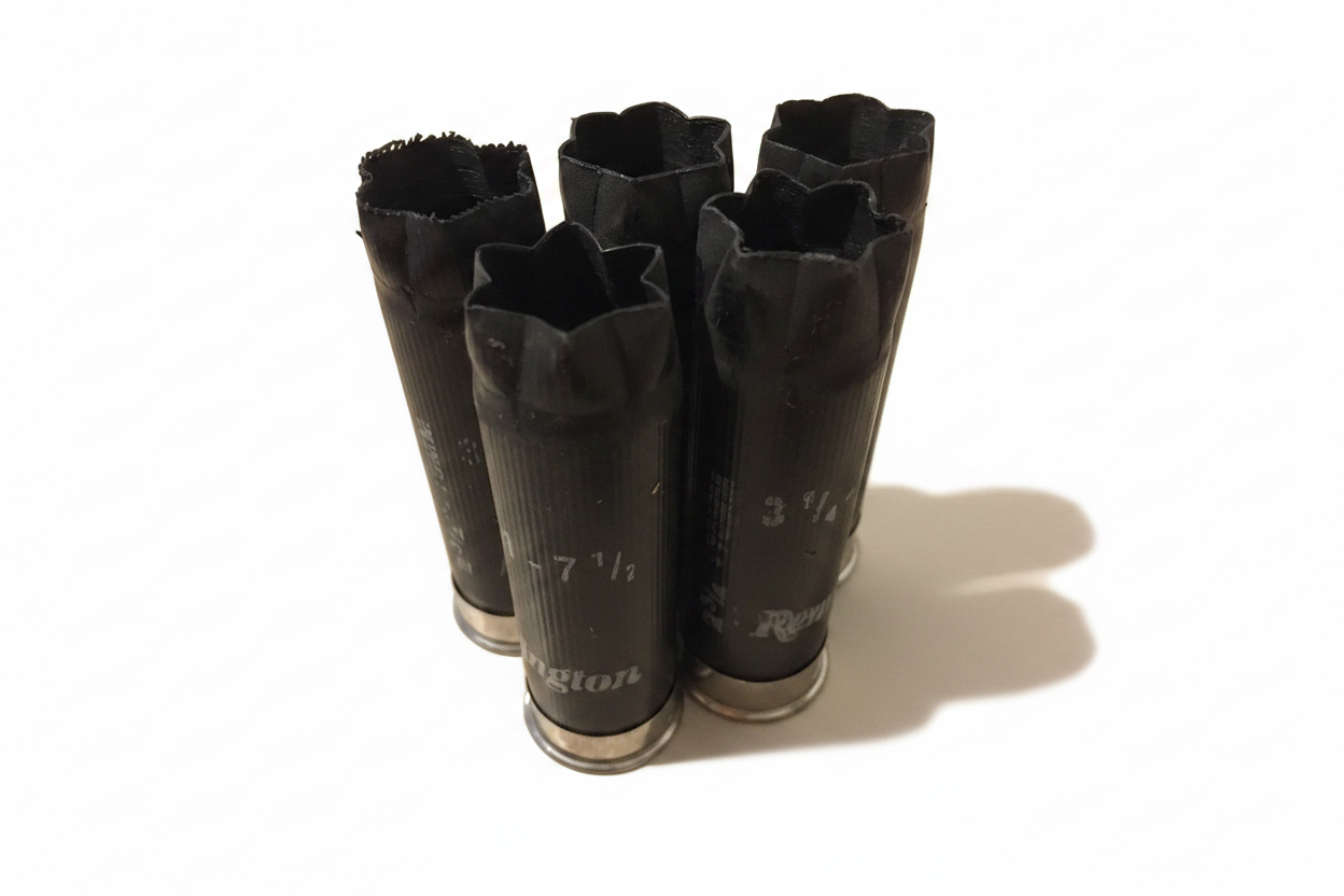 Five black Remington 12 gauge shotgun shells standing upright showing 6 star crimped tops and printed hull text.