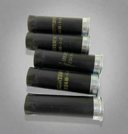 Upcycled black Herter's 12GA shotshell hulls ready for rustic farmhouse decor and shotgun shell wreaths.