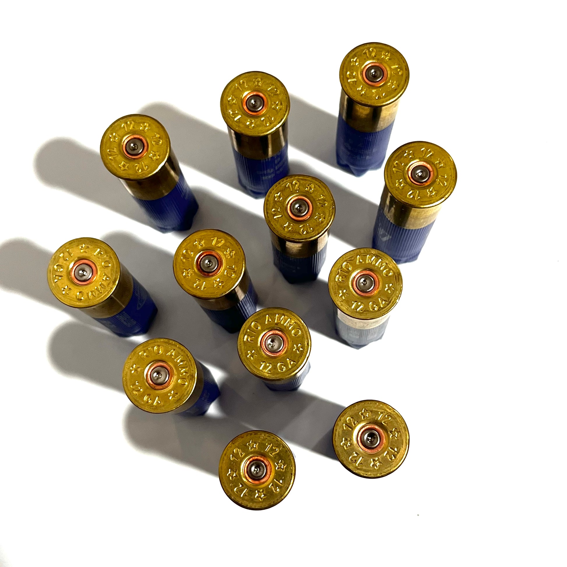 13 empty blue 12 gauge shotgun shells viewed from above showing gold brass headstamps marked 12 gauge