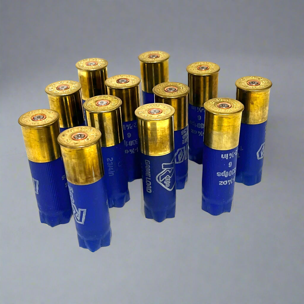 13 empty blue 12 gauge RIO Game Load shotgun shells with brass bases standing on a gray surface