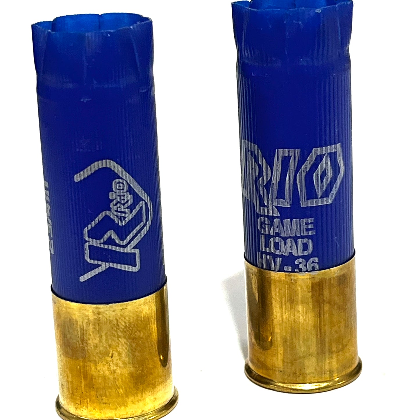 2 empty blue 12 gauge RIO shotgun shells with brass bases standing on a white background