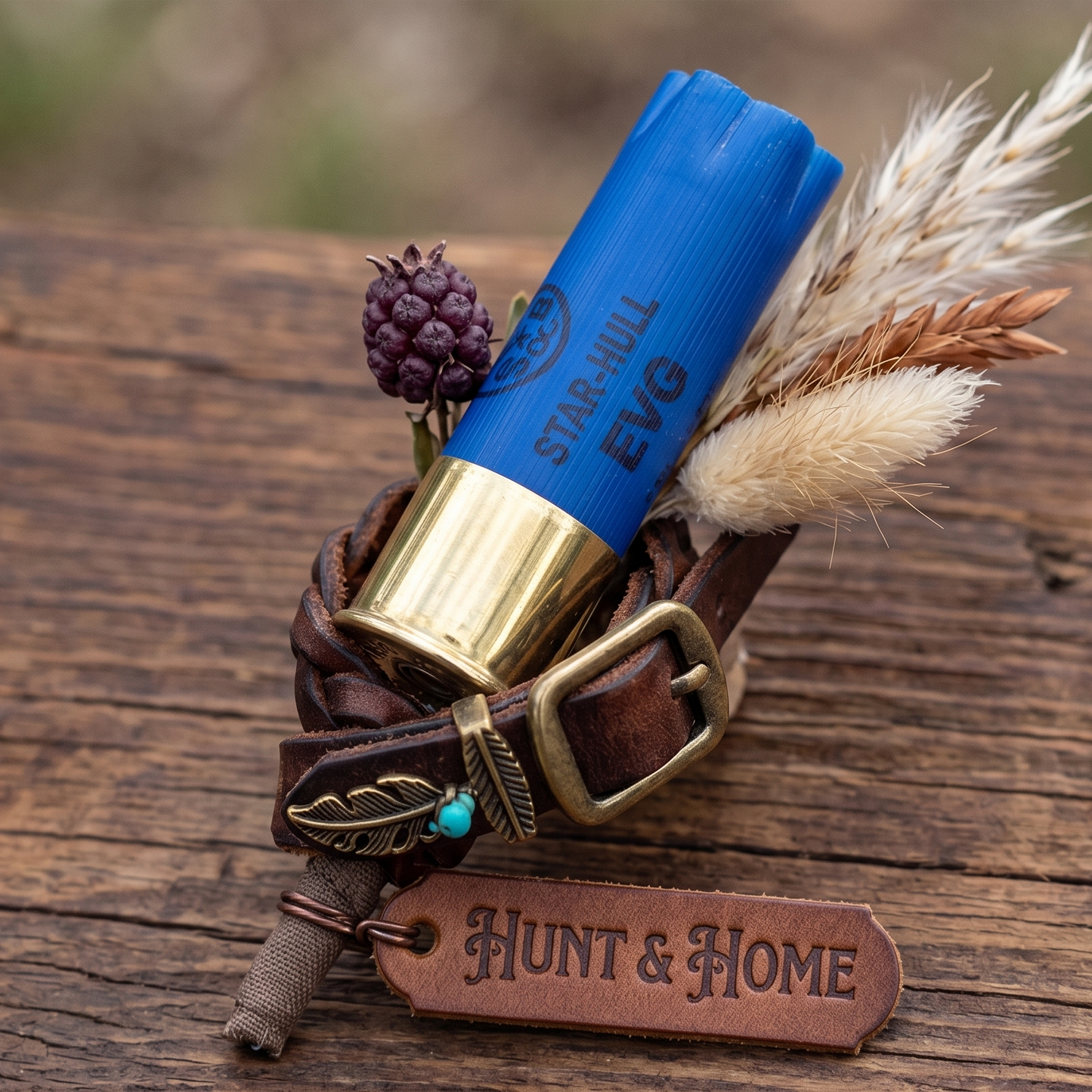Blue Rio Evo shotgun shell styled as a rustic boutonniere with dried florals on a wooden background. 