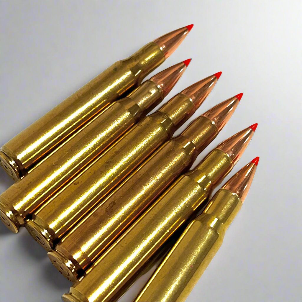 Six brass red tip dummy shells fanned out in a row on a gray surface.