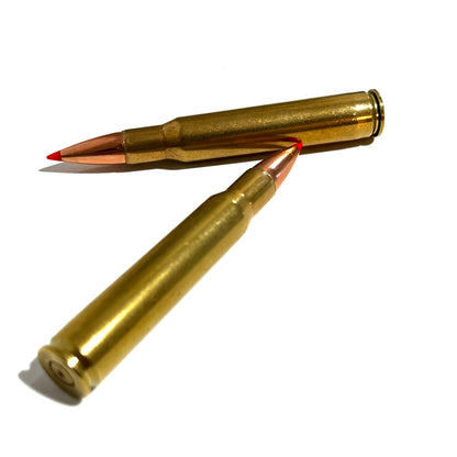 Two brass red tip casings crossed in an X shape on white background.