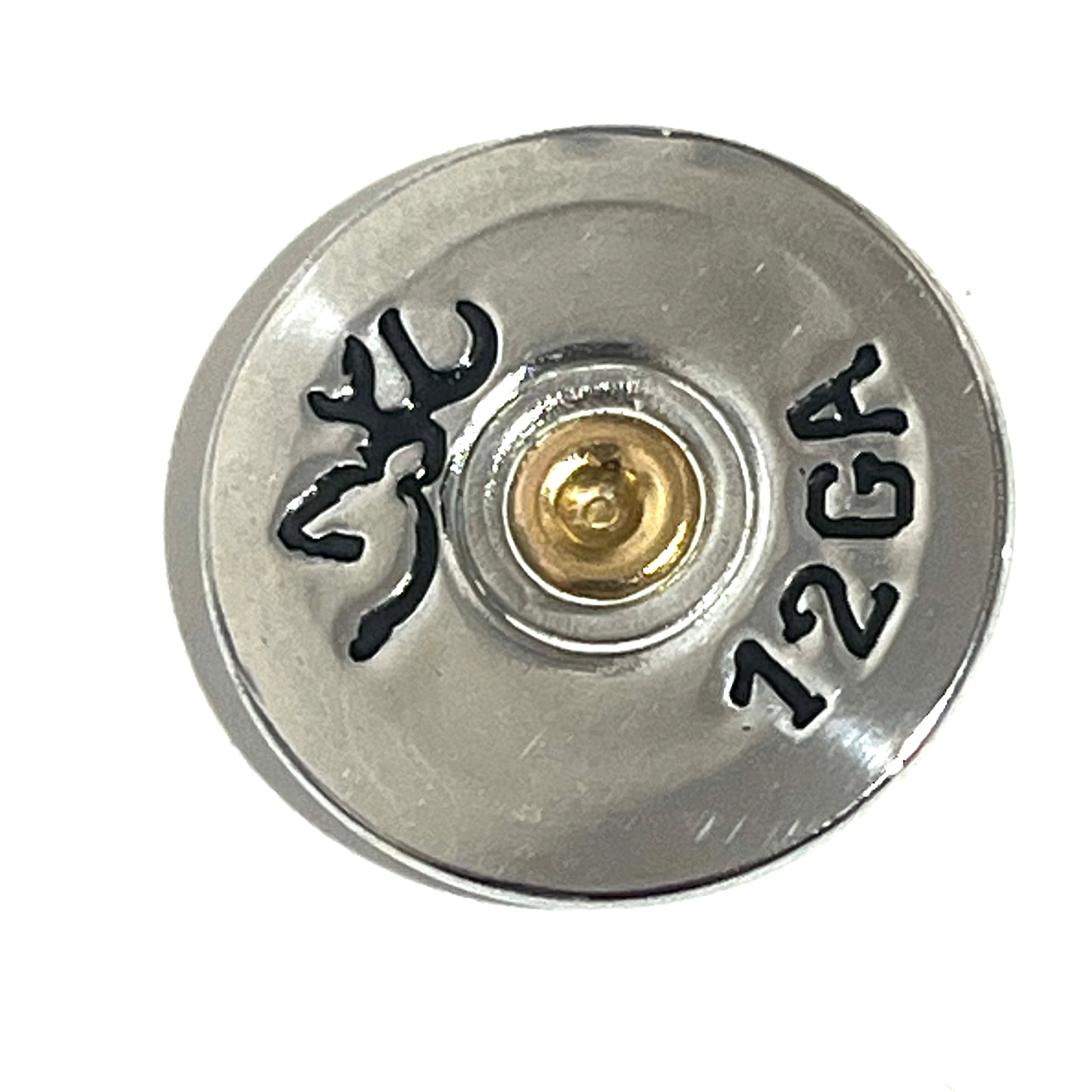Close-up of one silver Browning 12 gauge shotgun shell slice with black Buckmark and lettering