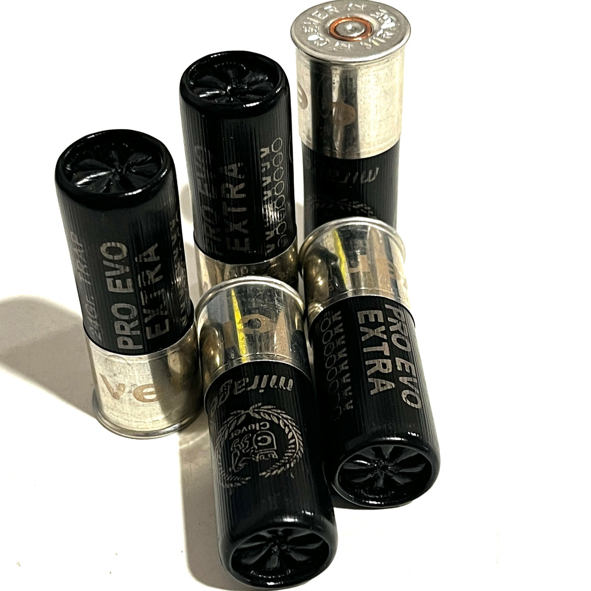 Five black 12-gauge shotgun shells fanned on a white background, showing star-crimped tops and silver bases.