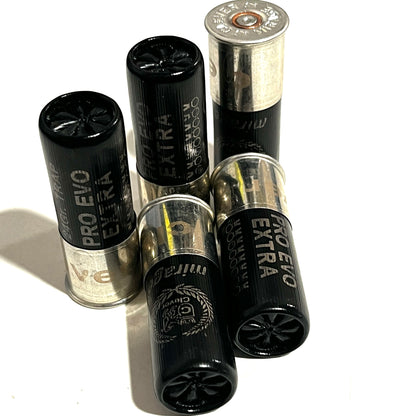 Five black 12-gauge shotgun shells fanned on a white background, showing star-crimped tops and silver bases.